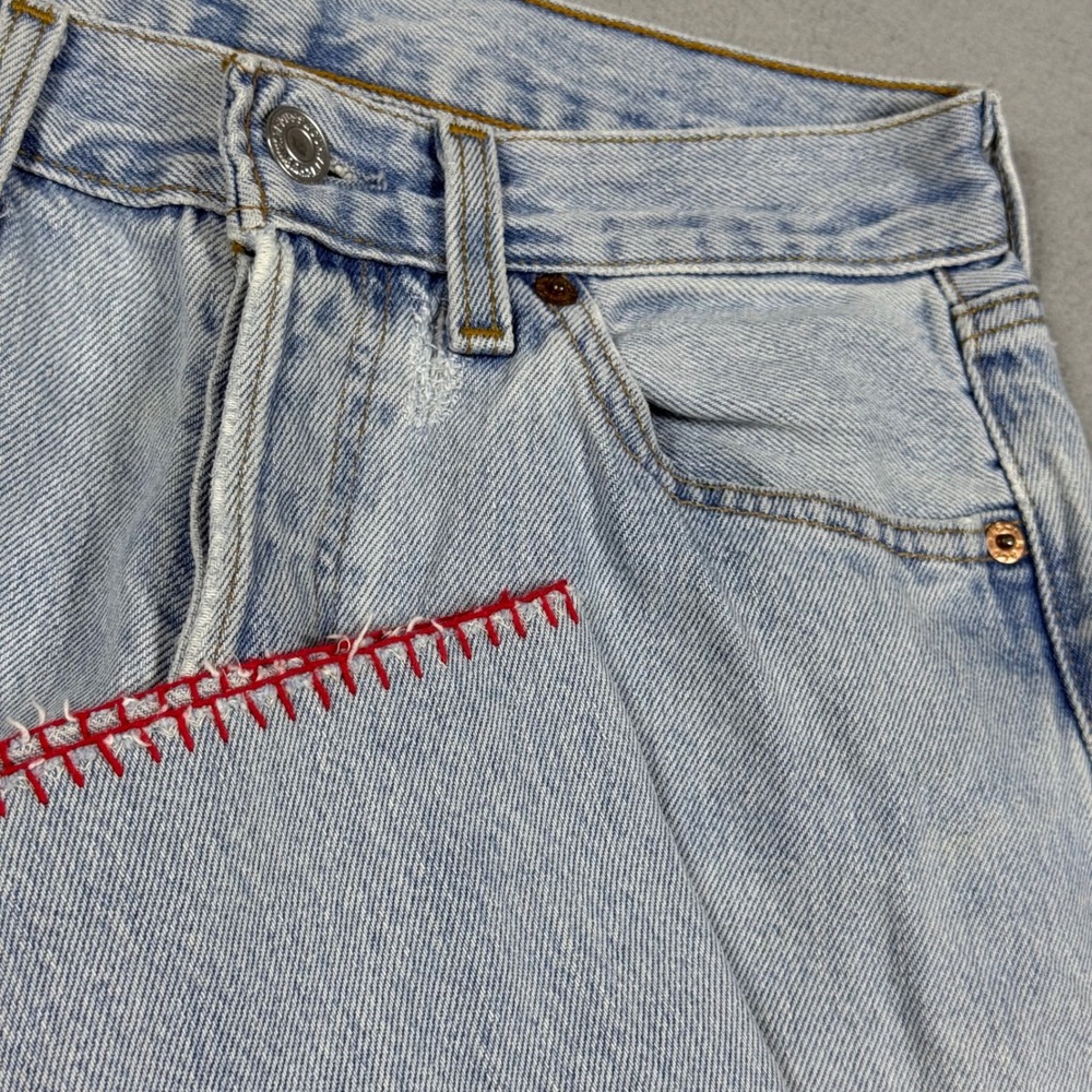 Levis Vintage Light Wash Straight Leg Jeans Red Whipstitch Hem Denim Pants